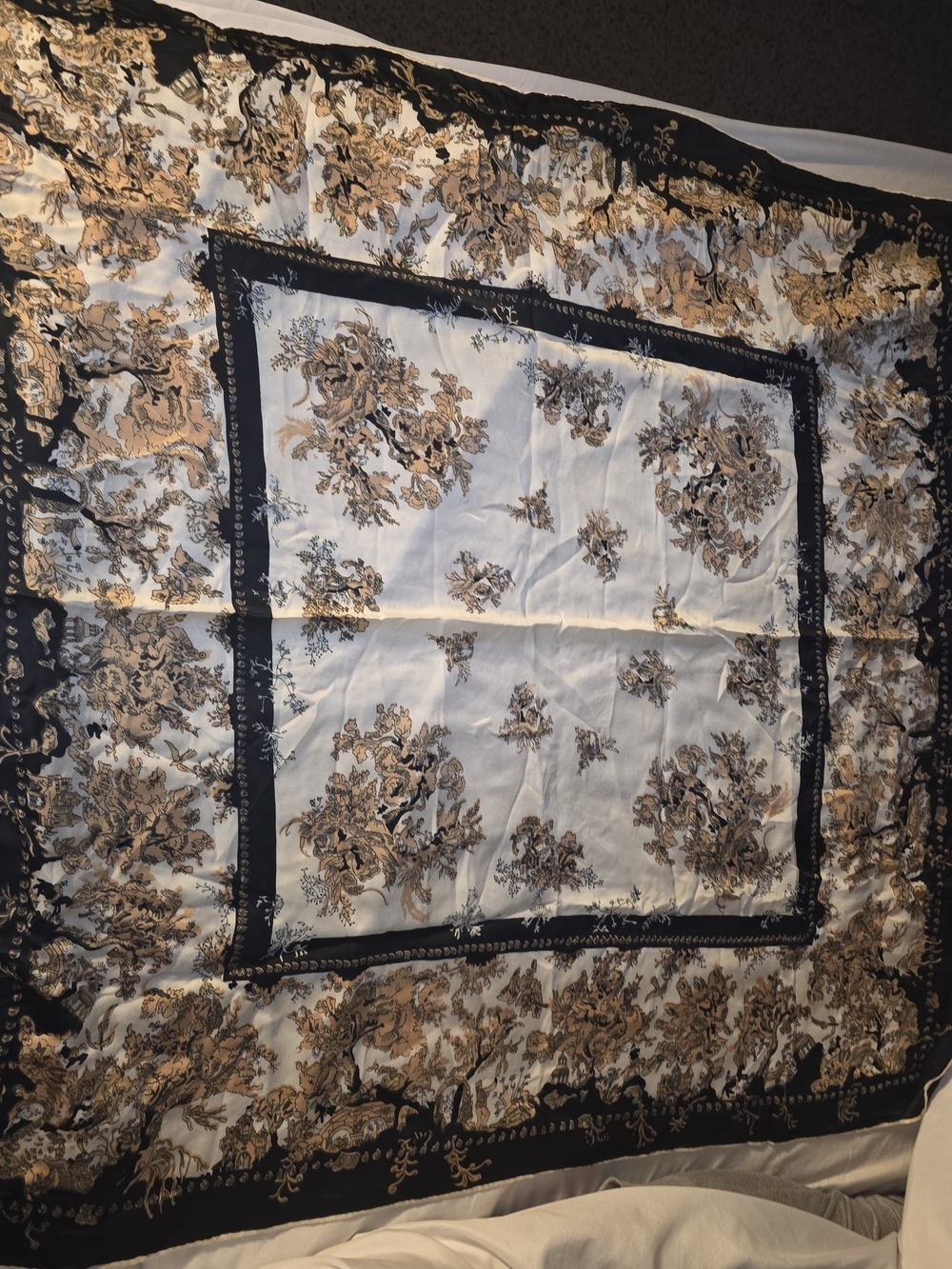 Vintage 100% Silk Square Scarf 90x90 Hand Rolled - Toile de Jouy Pastoral Landsc